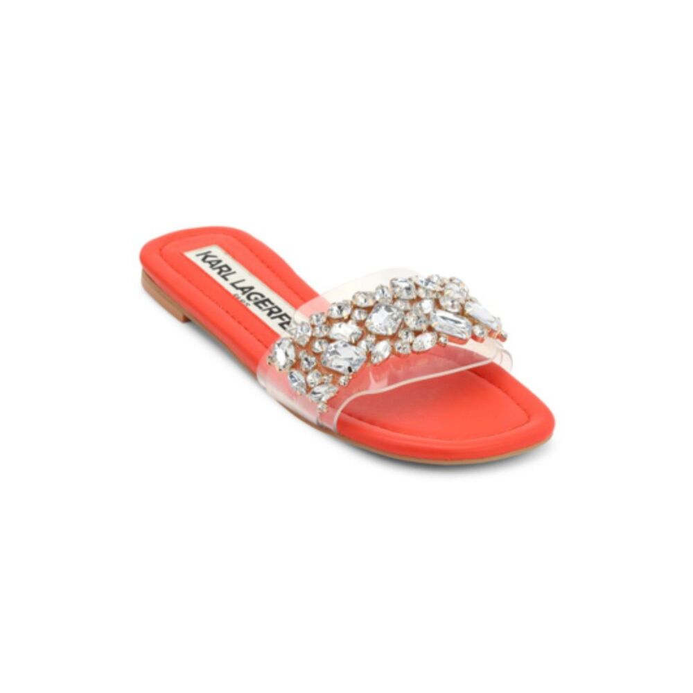KARL LAGERFELD Mysha Crystal Embellished Fiery Orange Flat Slide Sandals Size 7